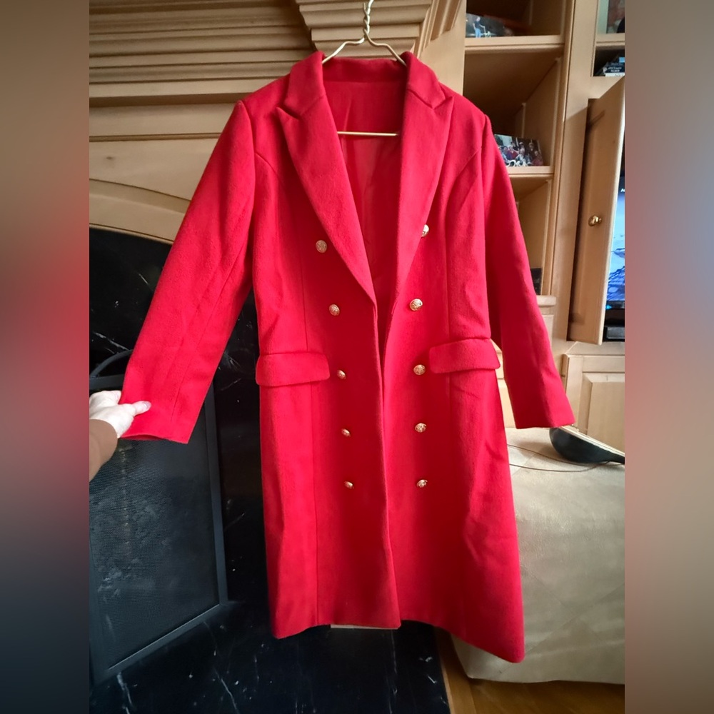 Elegant Red Double-Breasted Women's Coat - Picture 2 of 7